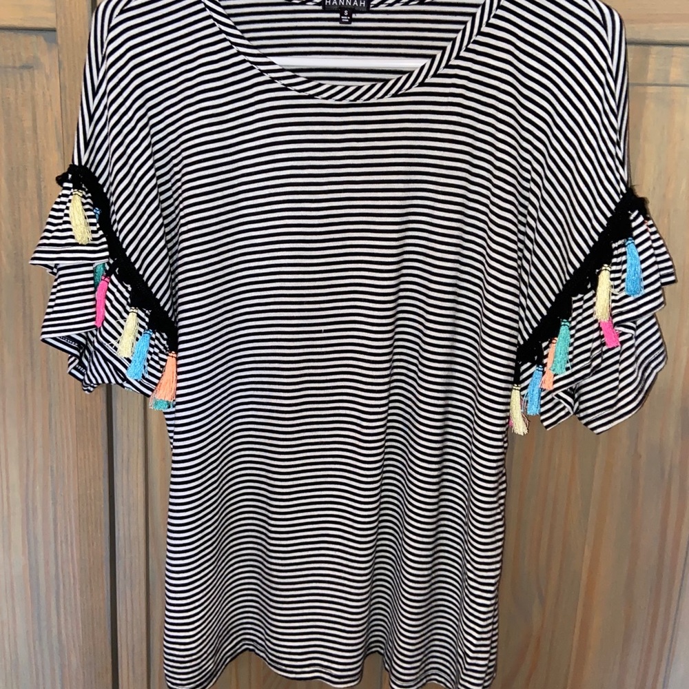 Stripe Shirt with Ruffle and Tassel Sleeves